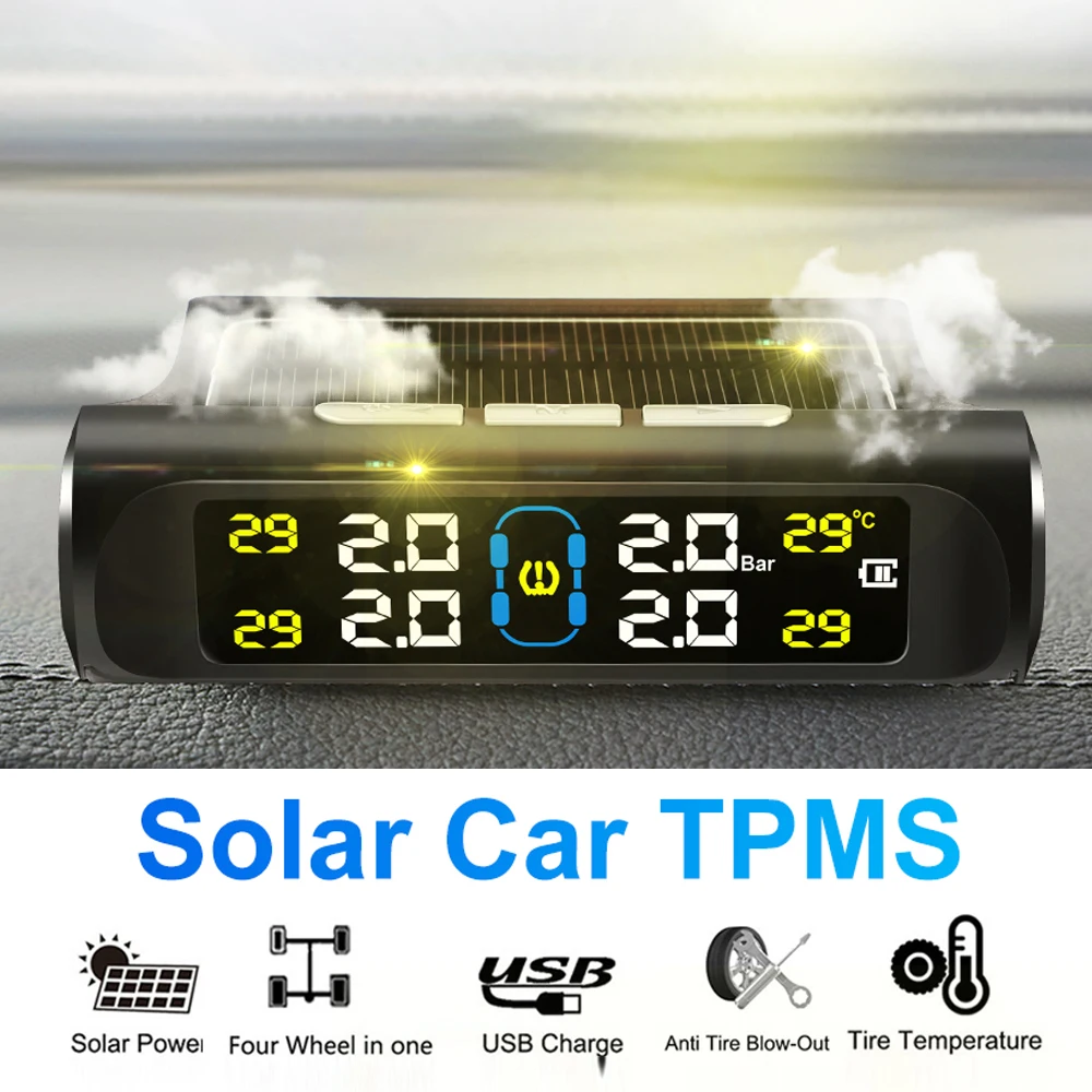 Solar TPMS Car Tire Pressure Alarm Digital Colorful Display 4 External Sensors Waterproof Tire Pressure Temperature Warning