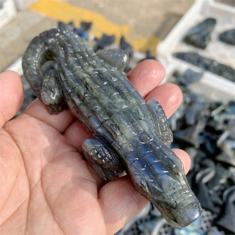 Natural Labradorite Crystal Crocodile Carving Animal Polished Statue Healing Gem Crafts For Home Office Trinket Decoration 1pcs