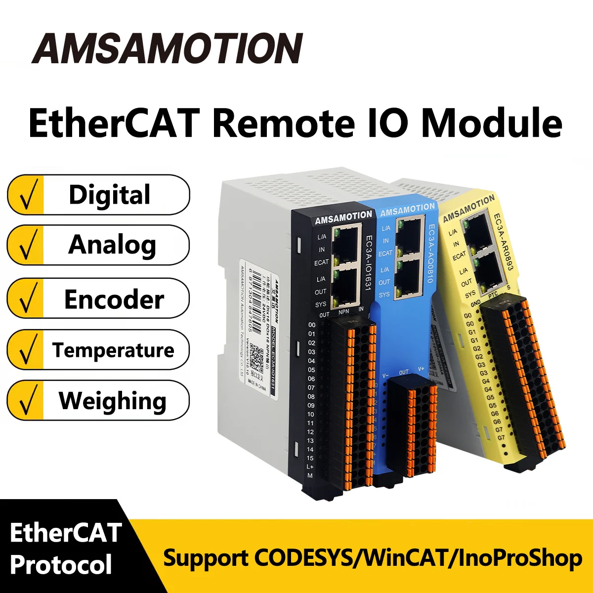 AMSAMOTION EtherCAT Remote Distributed I/O Module Digital Analog Temperature Input Output PNP NPN EC1A EC3A-IO1631 AE0830 AQ0820