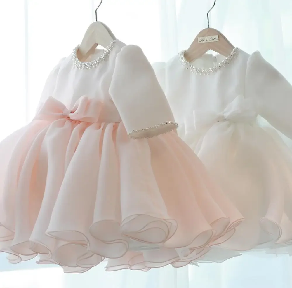 

Long Sleeve Baby Girl Dresses Beads Bow Baptism Dress for Princess 1 year Birthday Party Wedding Gown Baby Christening Clothing