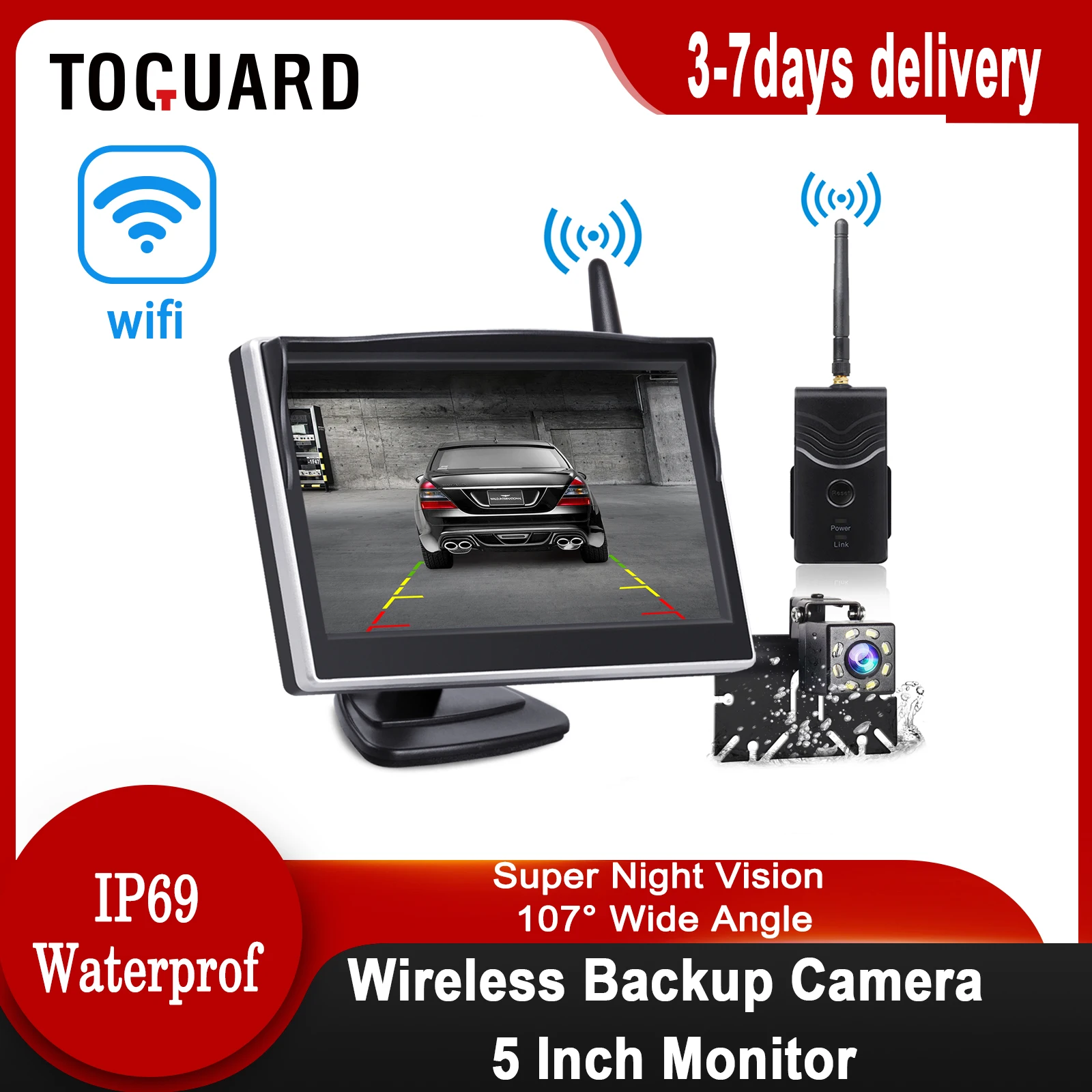 TOGUARD Screen for car reversing camera Digital Signal Car Monitor Wireless IP69 Waterprof Vehicle Reversing Camera Night Vision