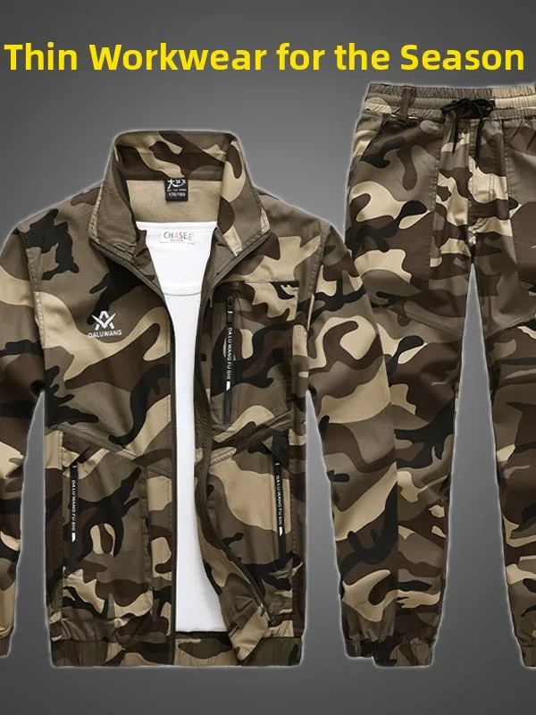 

Летняя рабочая униформа: мужской повседневный тонкий комплект из чистого хлопка с длинным рукавом, камуфляжный, легкий, износостойкий, для защиты труда
