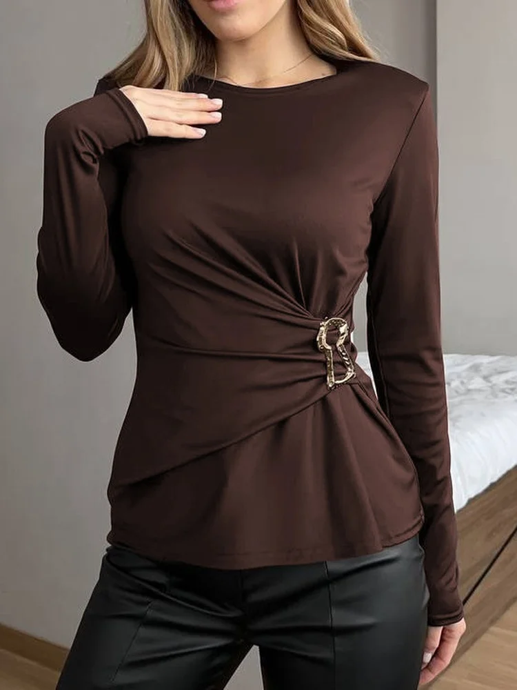 3 colors Side Ruched Long Sleeve Top Round Neck Irregular Hem Slim Fit Office Workwear Daily Metal Ring Stretchy Women Solid Top