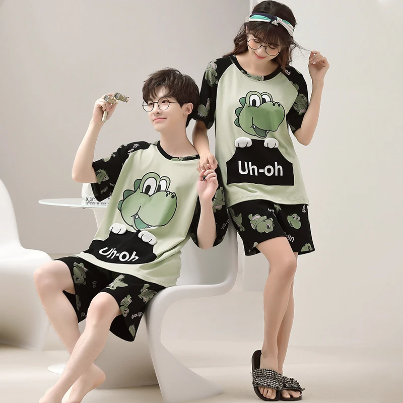 Conjunto de Pijama de verano para hombre y mujer, ropa de dormir con diseño de gato de Anime, de manga corta, holgada, coreana, para el hogar