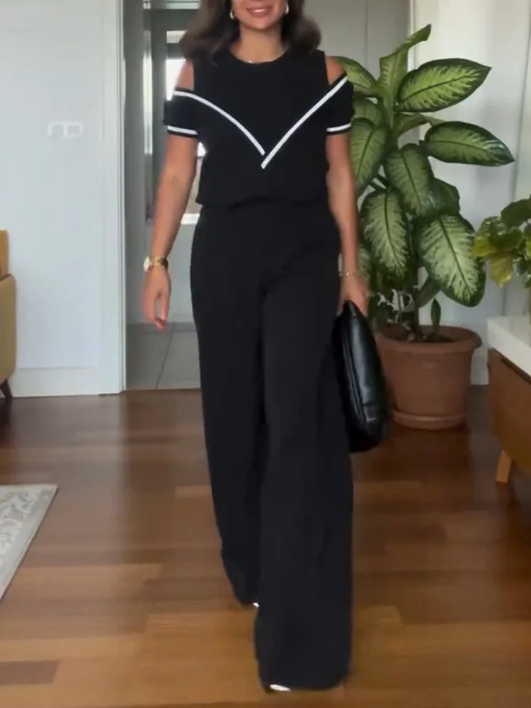 Drauuing Female Slim Black Pants Outfits Women Elegant Office Long Pants Two Piece Set Lady Wide Leg Pants Summer Straight Suit