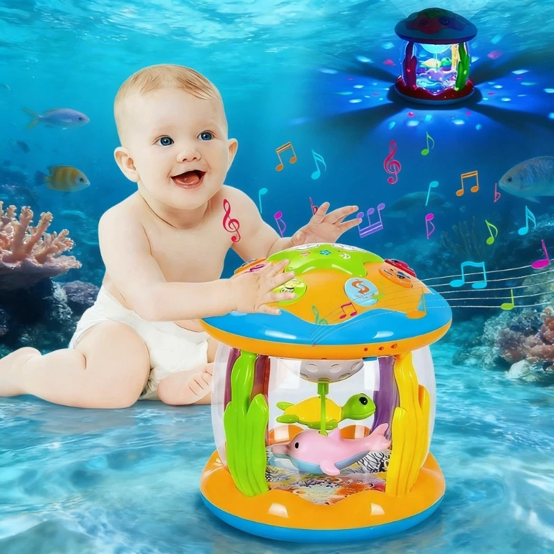 Baby Musical Light Projector Tummy Time Toy, 4 in 1 Sea Animals Sensory Crawling Toy, Early Learning Gift for Infant Toddler