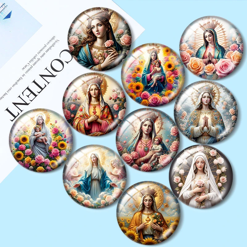 

Virgin Mary Charity Flower 10pcs 12mm/16mm/18mm/25mm Round Photo Glass Cabochon Demo Flat Back Making findings