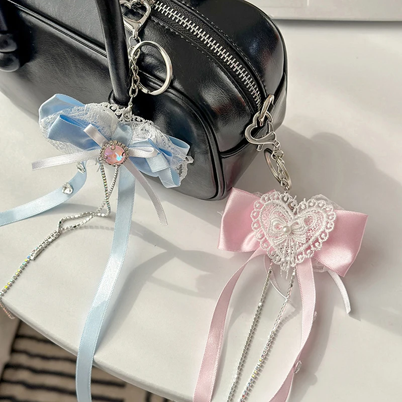 Porte-clés nœud papillon en dentelle coréenne, porte-clés ruban nœud doux Kawaii, pendentif de sac girly, breloque pour sac à dos, cadeaux pour meilleur ami