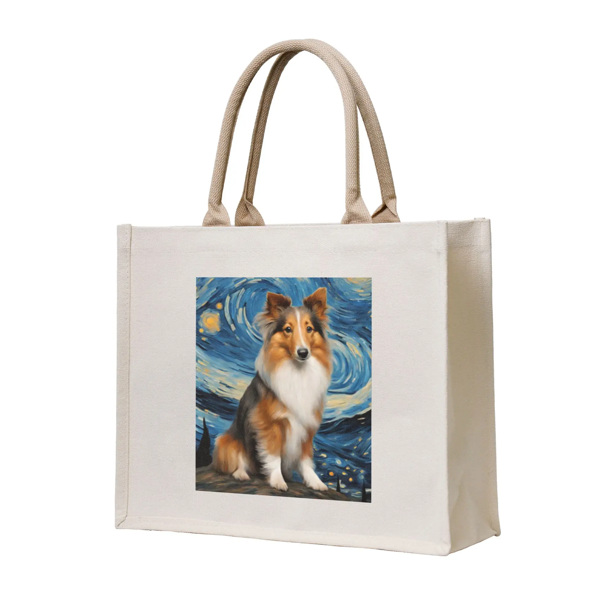 

Холщовая сумка-шоппер с изображением шетландской овчарки и картиной Ван Гога «Звездная ночь», женская сумка через плечо, дорожная сумка-тоут