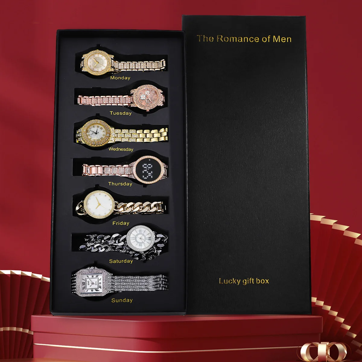Men 7‑Pcs Watch Street‑Style Quartz Bundle Bold Varied Dial Panels Glitter Crystal Bezel Two‑Tone Plated Metal Bracelet Storage