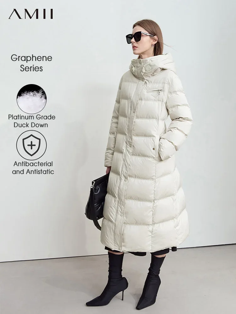 Amii 2024 winter new warm hooded graphene lining long down jacket women leather brand decorative fashion commuter coat 12444029