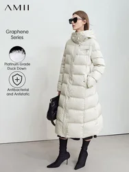 Amii 2024 winter new warm hooded graphene lining long down jacket women leather brand decorative fashion commuter coat 12444029