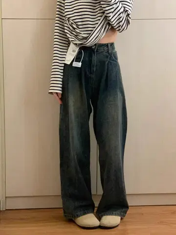 하이 웨이스트 와이드 레그 데님 청바지 여성 봄 가을 시멘트 그레이 아메리칸 스타일 루즈핏 대형 스트레이트 컷 바지