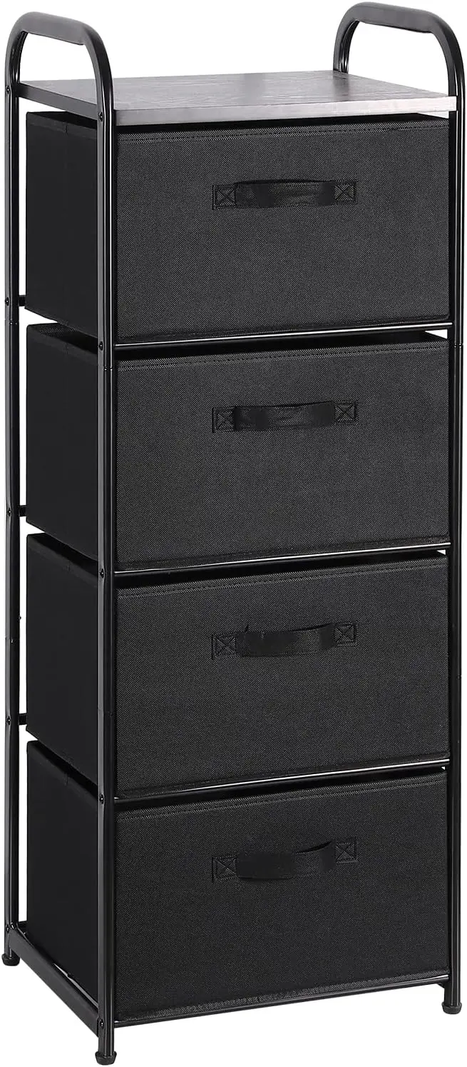 

4 Drawer Fabric Dresser Tall Storage Tower, Dresser Chest with Wood Top, Vertical Nightstand Side
