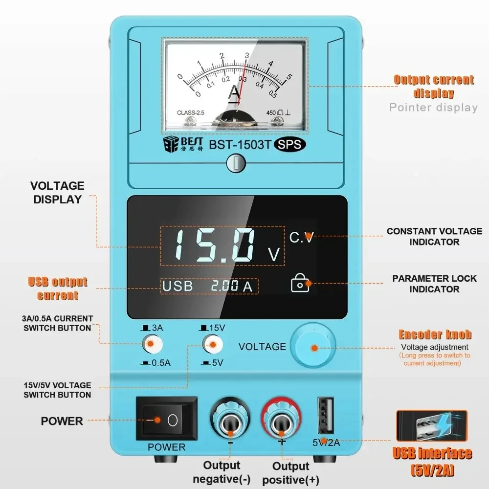 BST-1503T 15V 3A Catu Daya DC untuk Perbaikan Ponsel Catu Daya dengan Layar Penunjuk Digital LED Catu Daya Teratur yang Dapat Disesuaikan