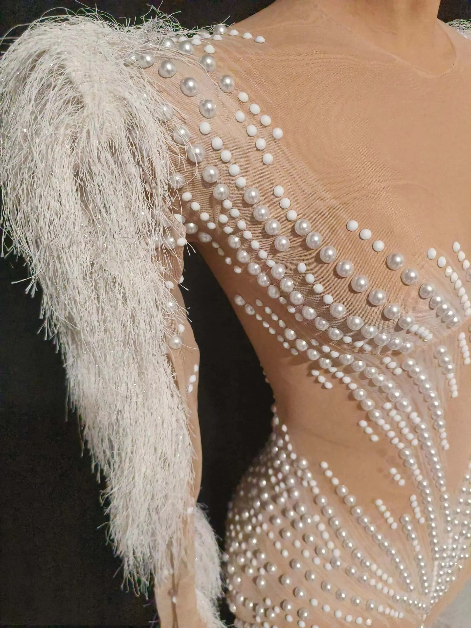Women Sexy Shining Sequin Beading Bodycon Jumpsuit for Birthday White Feather Sleeve Prom Dress Photoshoot Stage Wear Bingshuang view 6