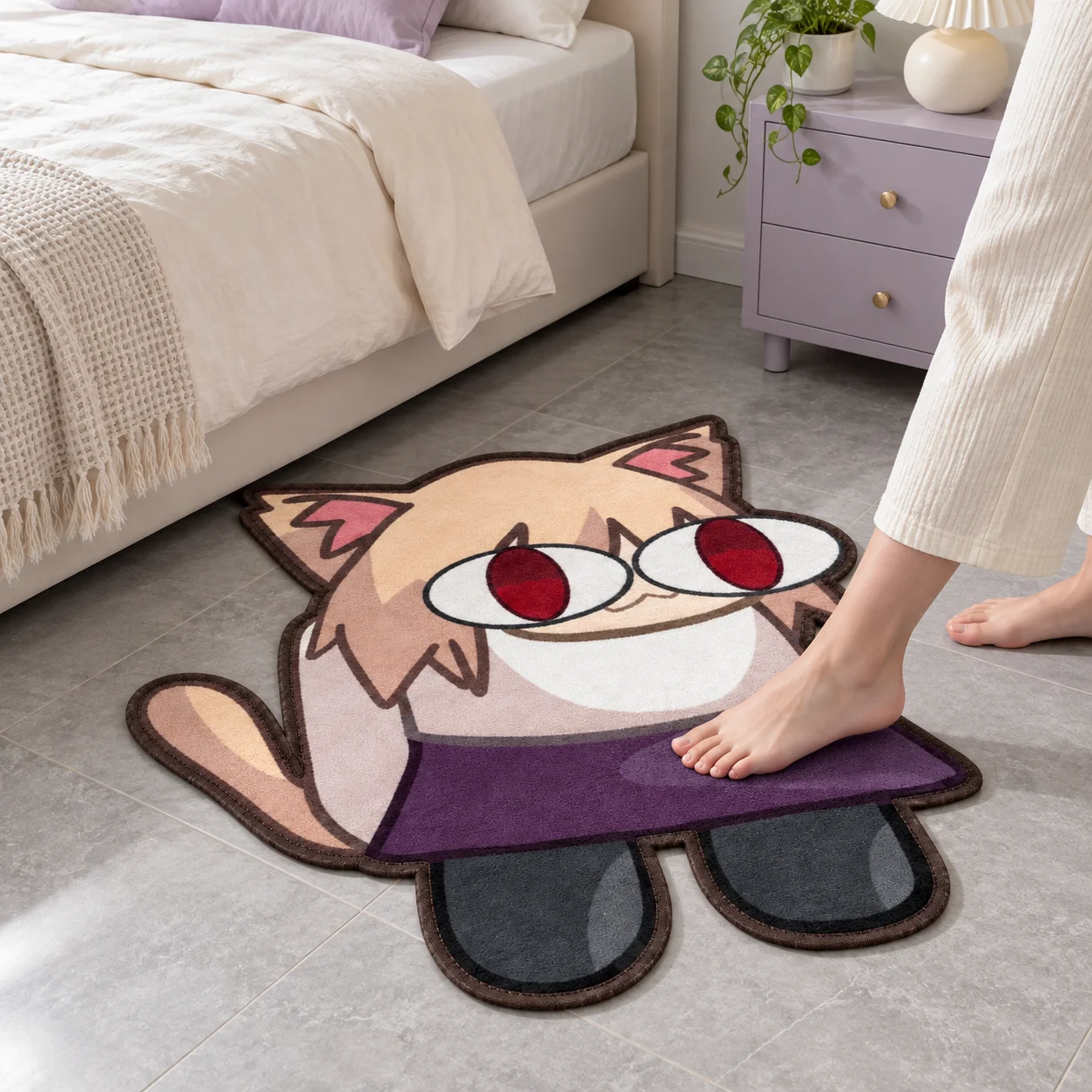 Cute Red Eyed Cat Shaped Area Rug Kawaii N-Neco-Arc Irregular Flannel Floor Mat for Bedroom Living Room Entryway Home Decor Gift