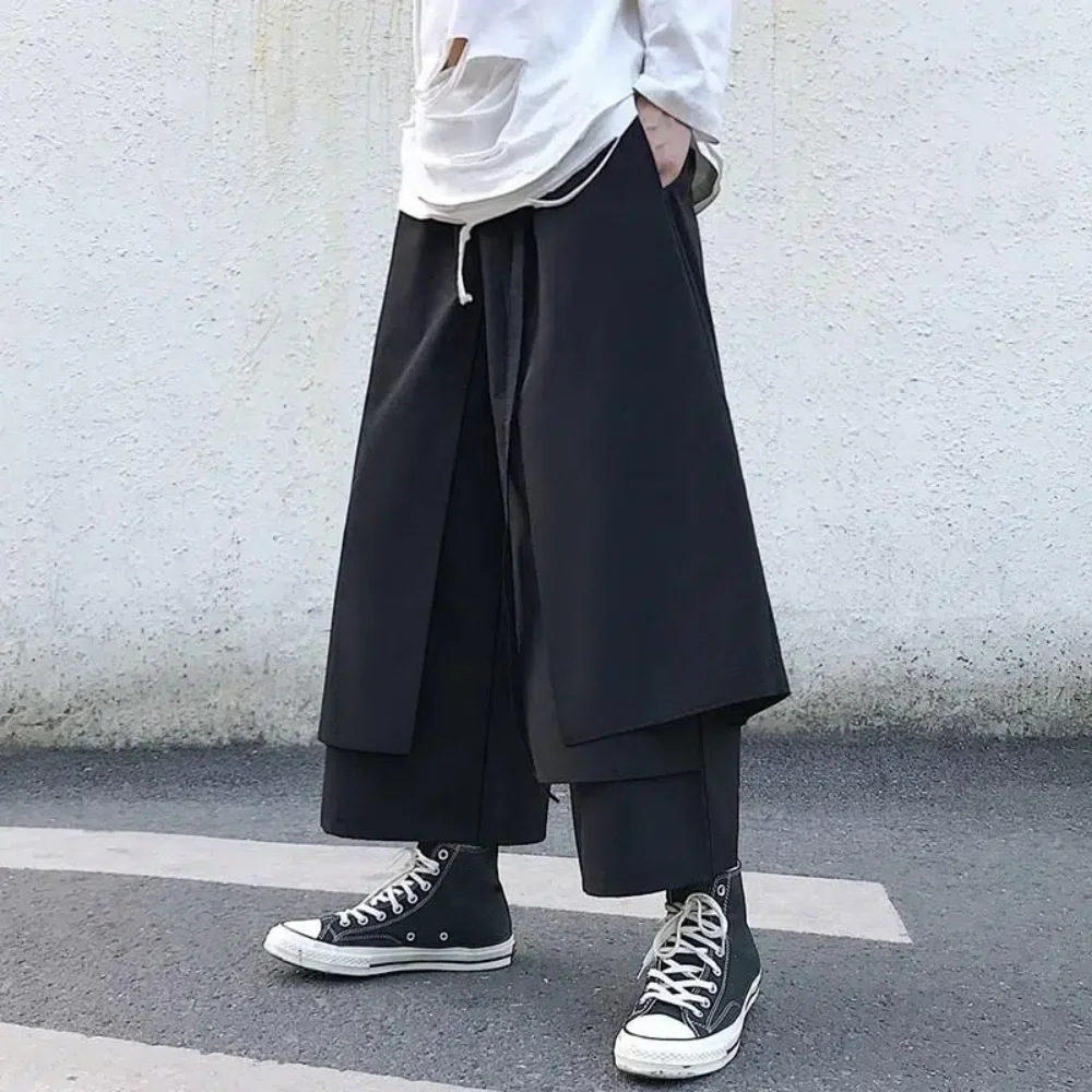 Fake Two-Piece Pants Men Male New Loose Wide-Leg Trousers Casual Straight Streetwear Spring Autumn Hip-Hop Pantalons Capris