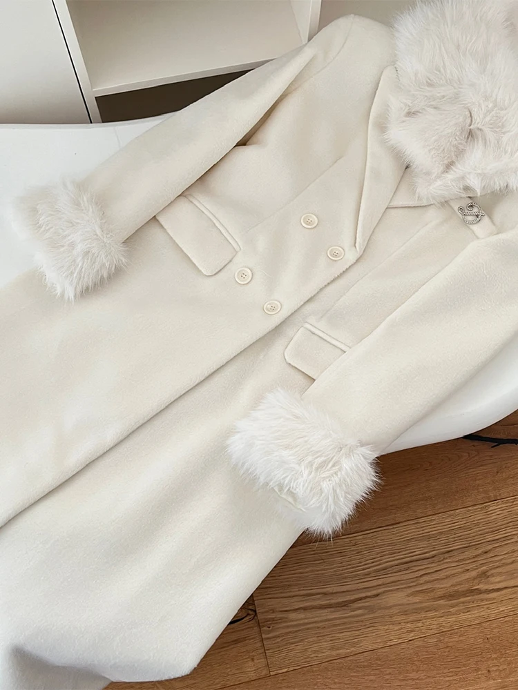 Women\'s White Coat Korean Style Vintage Wool Overcoat Warm Outerwear Long Sleeve Loose Retro Cashmere Jacket Autumn Winter 2024