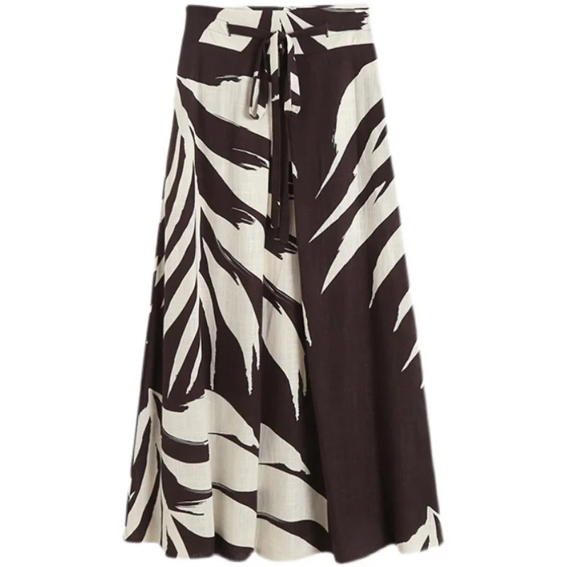 กระโปรงผ้าลินินลายป่าฝนเขตร้อนทรงเอไลน์เอวสูงผูกโบว์ ความยาวปานกลางสำหรับผู้หญิง