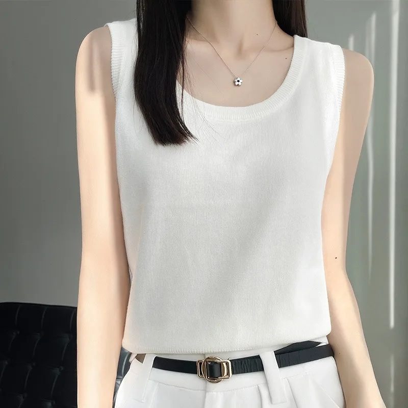 Summer Ice Silk White Small Strap Vest Women Loose Cover Side Breast Sleeveless Underwear Tank Top Commute Style Pure Color