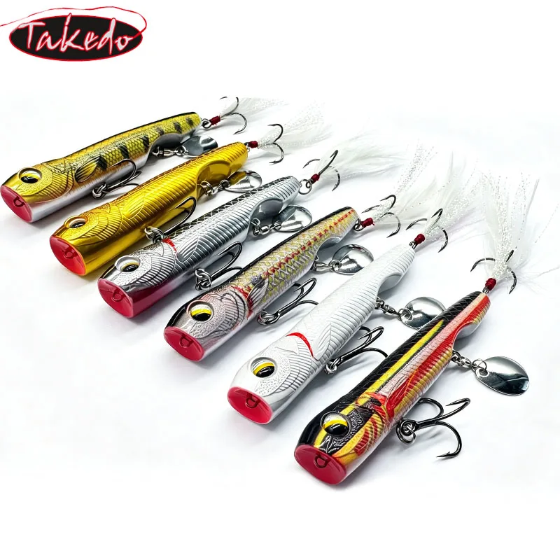 TAKEDO 10G Top Water Popper Fishing Lure Hard Bait With Bearing Swiver Spoon Treble Hook Artificial Bait Wobbler for Bass Trout