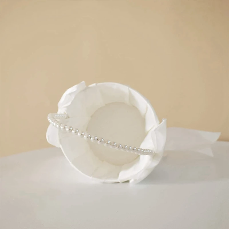New Wedding Flower Girl Basket With Cute Pearl Handle Bowknot Satin Flower Baskets For Wedding Ceremony Etc