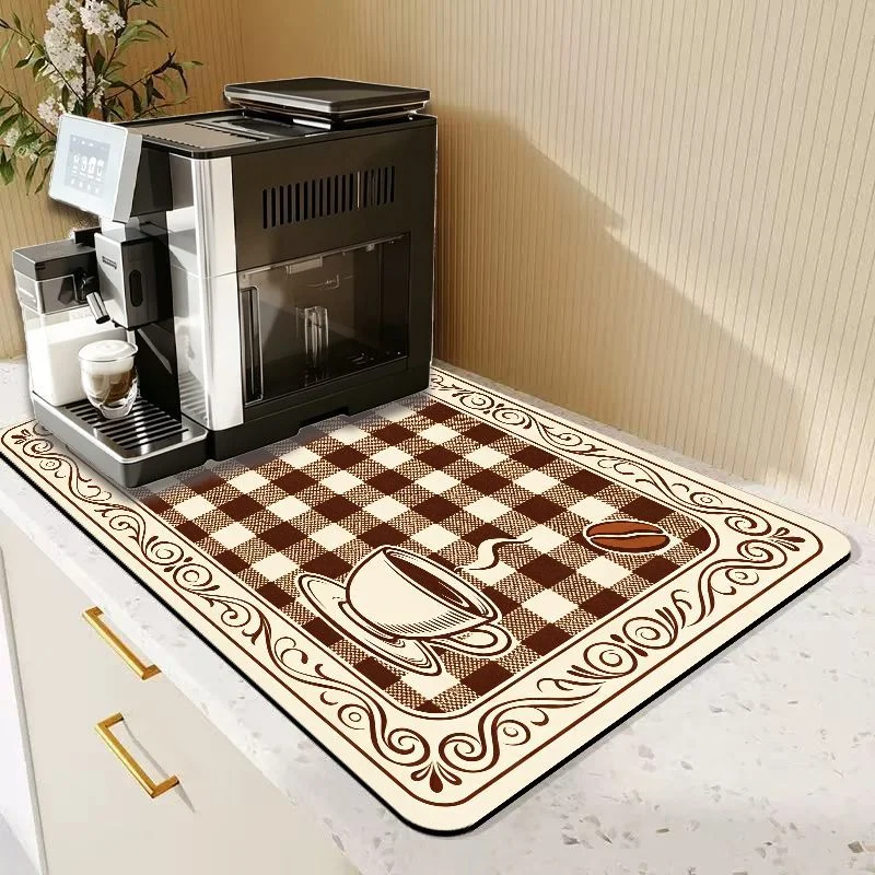 VIKAMA Retro Check Coffee Bean Print Drying Mat Super Absorb Non Slip Coffee Maker Drain Pad Decor Home Cafe Counter Cushion