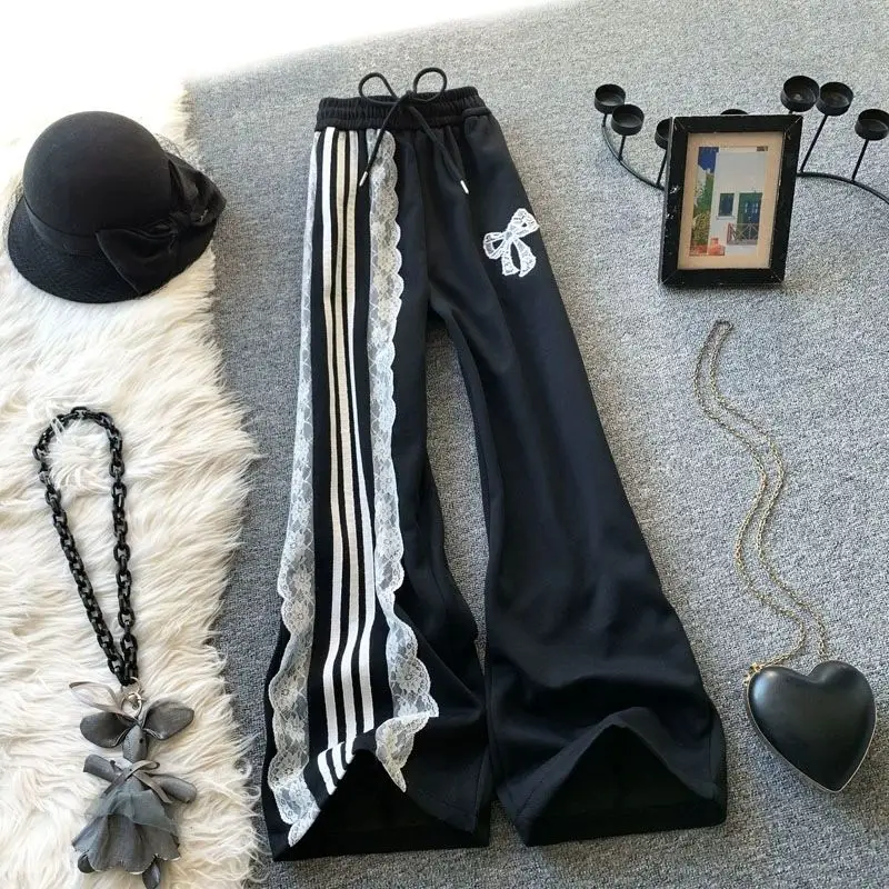 Sports Pants for Women in Spring, Retro High Waisted Lace Patchwork Striped Straight Leg Casual Pants, Black Wide Leg Pants