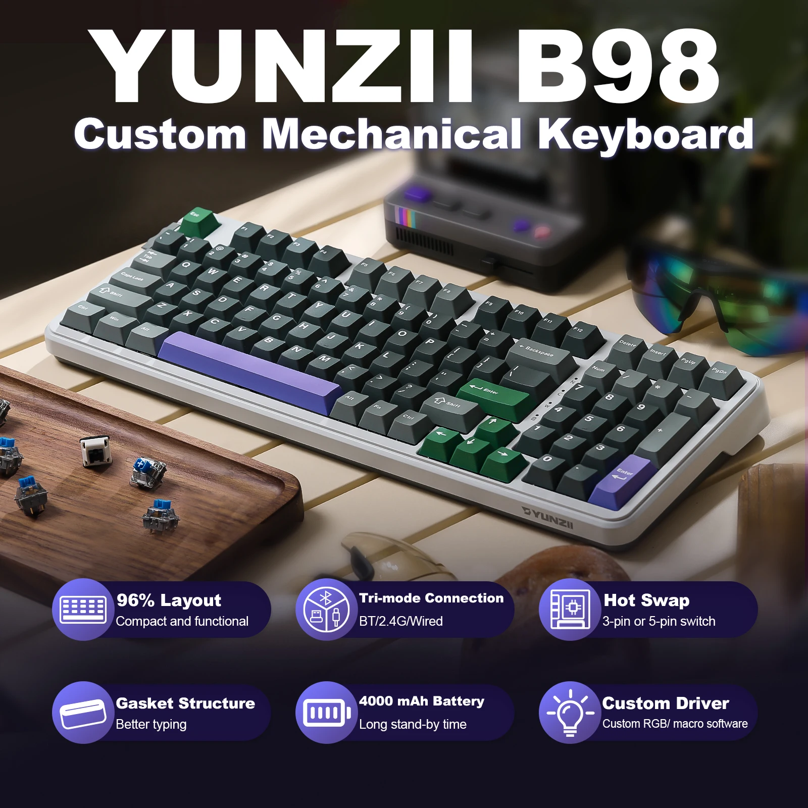 Imagem -02 - Teclado de Jogos Mecânico com Numpad Cinza sem Fio Bluetooth Junta Hot Swappable Rgb Backlight Personalizado Yunzii-b98