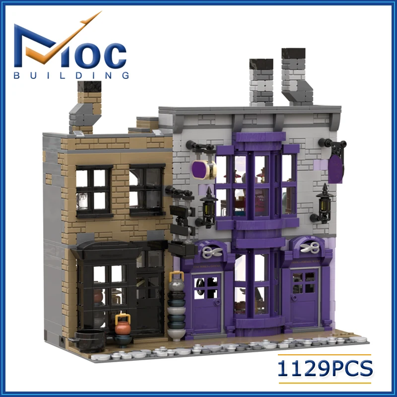 1129p City Street View Madame Malkins Potage\'s Cauldron Shop Bricks  Architecture Alley House Building Blocks Kid Toy MOC-53216