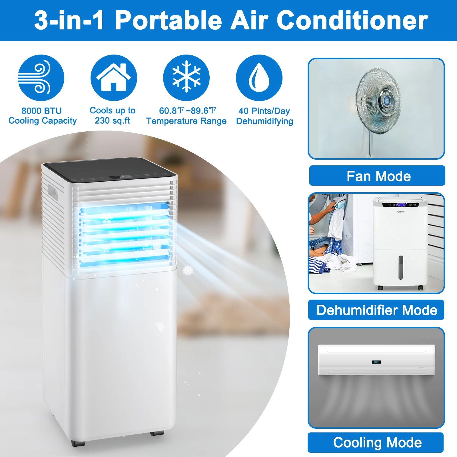 8000 BTU Portable Air Conditioner 3-in-1 Air Cooler w/Dehumidifier & Fan Mode