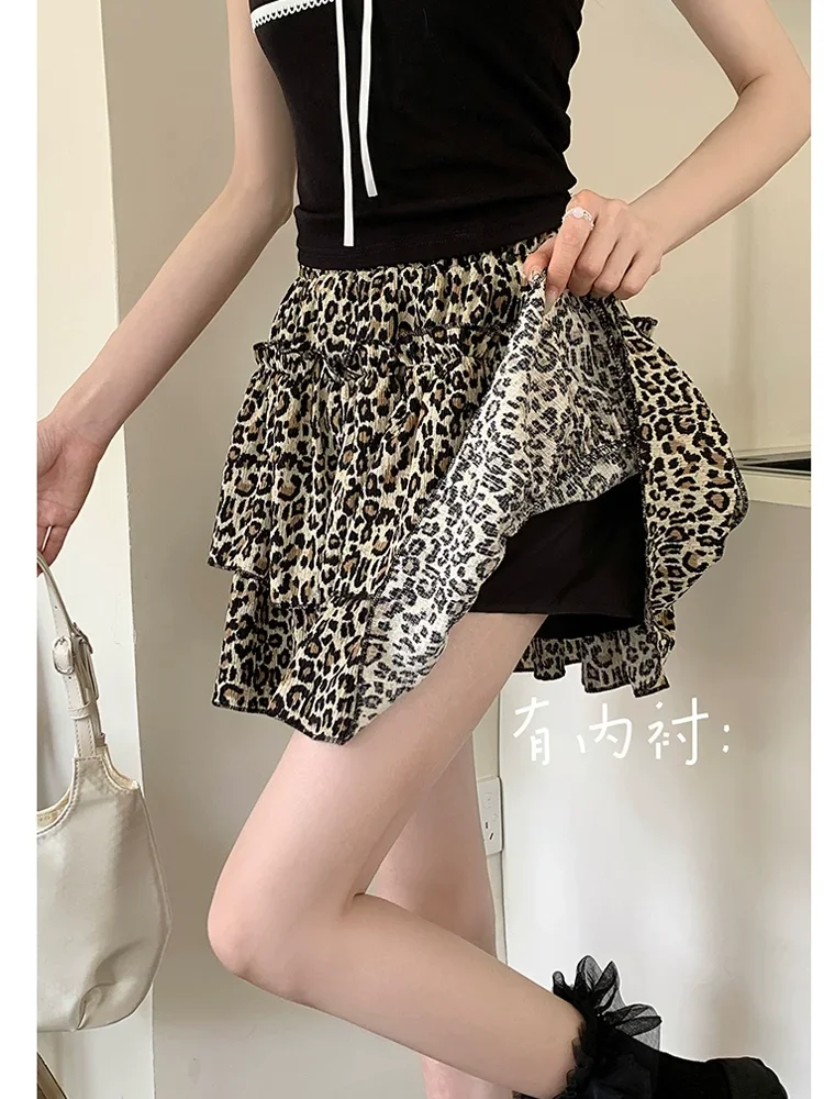 

Chic Mini Skirts Women Chiffon Leopard Design Ruffles High Elastic Waist Faldas Ulzzang Daily Causal All-match Korean Style New