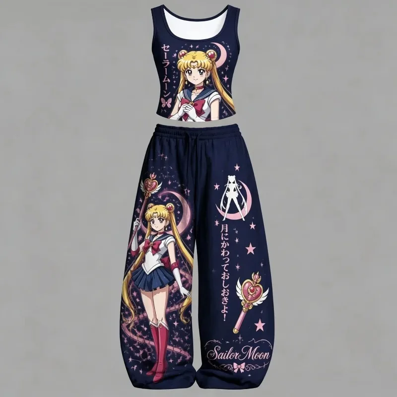 Men/Women Sailor Moon 2 Piece Outfits Tank Top Wide Leg Pants Sets Anime Print Vest Trousers Y2K Streetwear Matching Tracksuit view 4