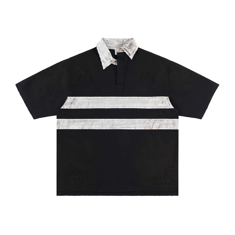 Superway Original Design Retro Patchwork Men's T-Shirts Old Dirty Dyed Lapel Loose Polo Shirt High Street Japanese Summer Tees