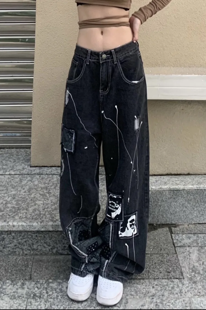 Imagem -05 - Homens e Mulheres Gothic Cintura Alta Perna Larga Jeans Baggy Patchwork Preto Harajuku Streetwear Hip Hop Anos 90 Outono Y2k Novo