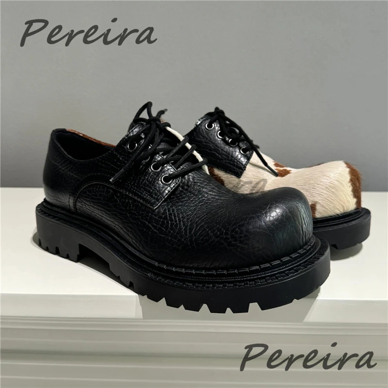 

Asymmetric Design Thick Soled Derby Shoes for Men Women Novelty Genuine Leather Round Toe Lace-Up Casual Couple Shoes
