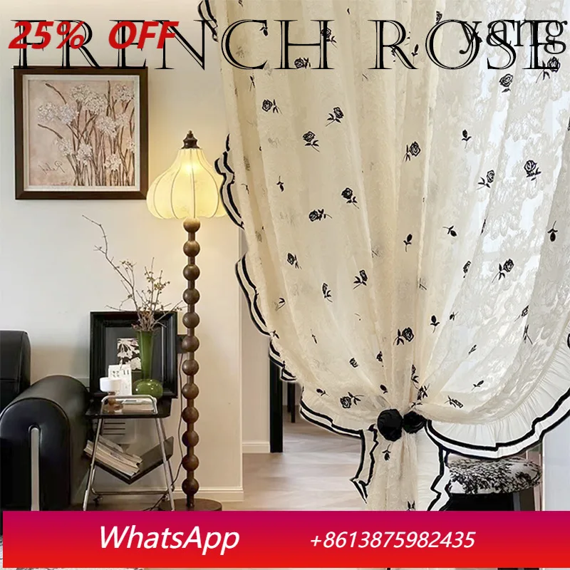 Vintage embroidery rose French antique cream wind small fragrant wind lace gauze curtain living room