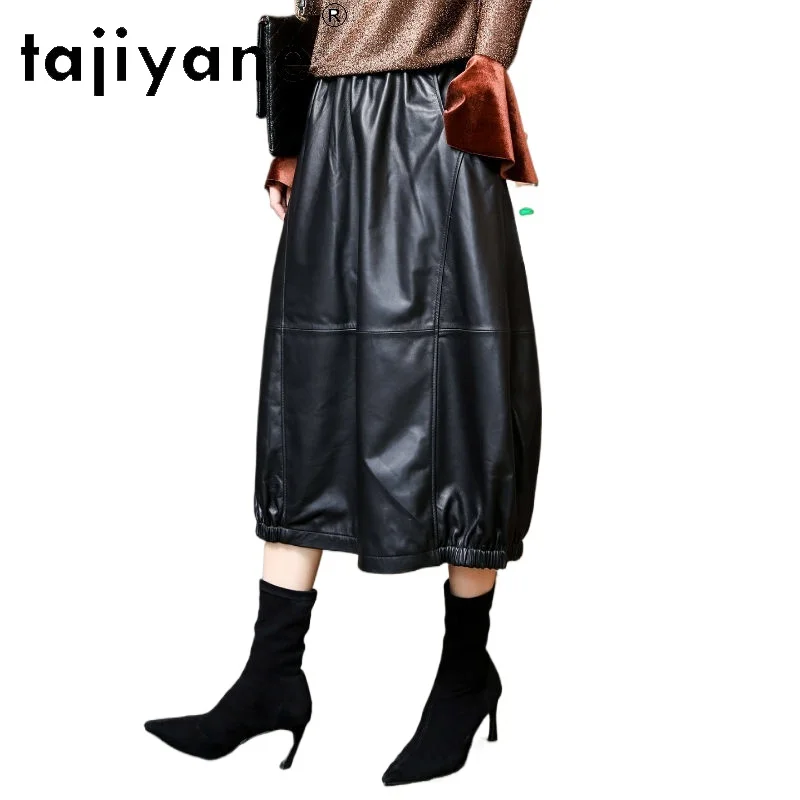 TAJIYANE Sheepskin Genuine Leather Skirt Woman Loose Women's Skirts Elastic Waist Midi Skirt Black Bubble Skirts 2026 Woman 치마