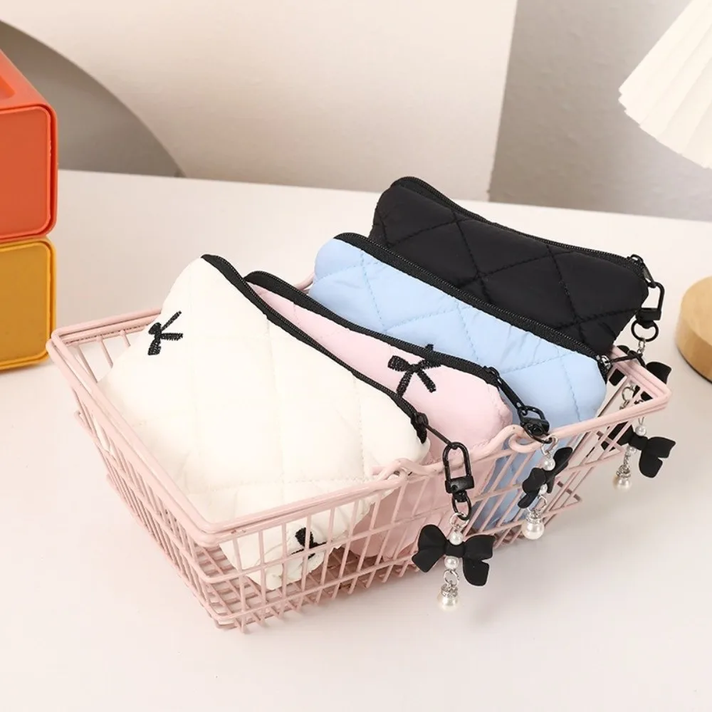 Quilted Cotton Makeup Bag Bow Coquette Sanitary Napkins Storage Bag Large Capacity Lipstick Earphones Pouch
