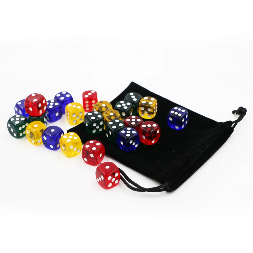 With bag Acrylic Dice 24Pcs Transparent Color 16mm White Point Dice Set Round Corner Four Color Hexahedron Table Games D6 Club