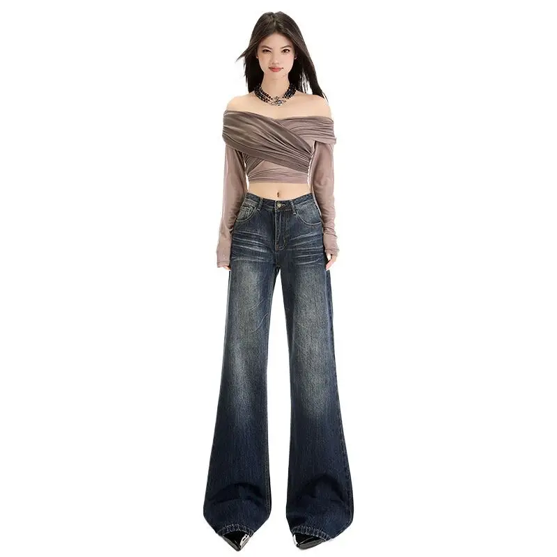 Amerikaanse retro nieuwe casual broek uitlopende donkerblauwe jeans met lage taille voor dames lente herfst
