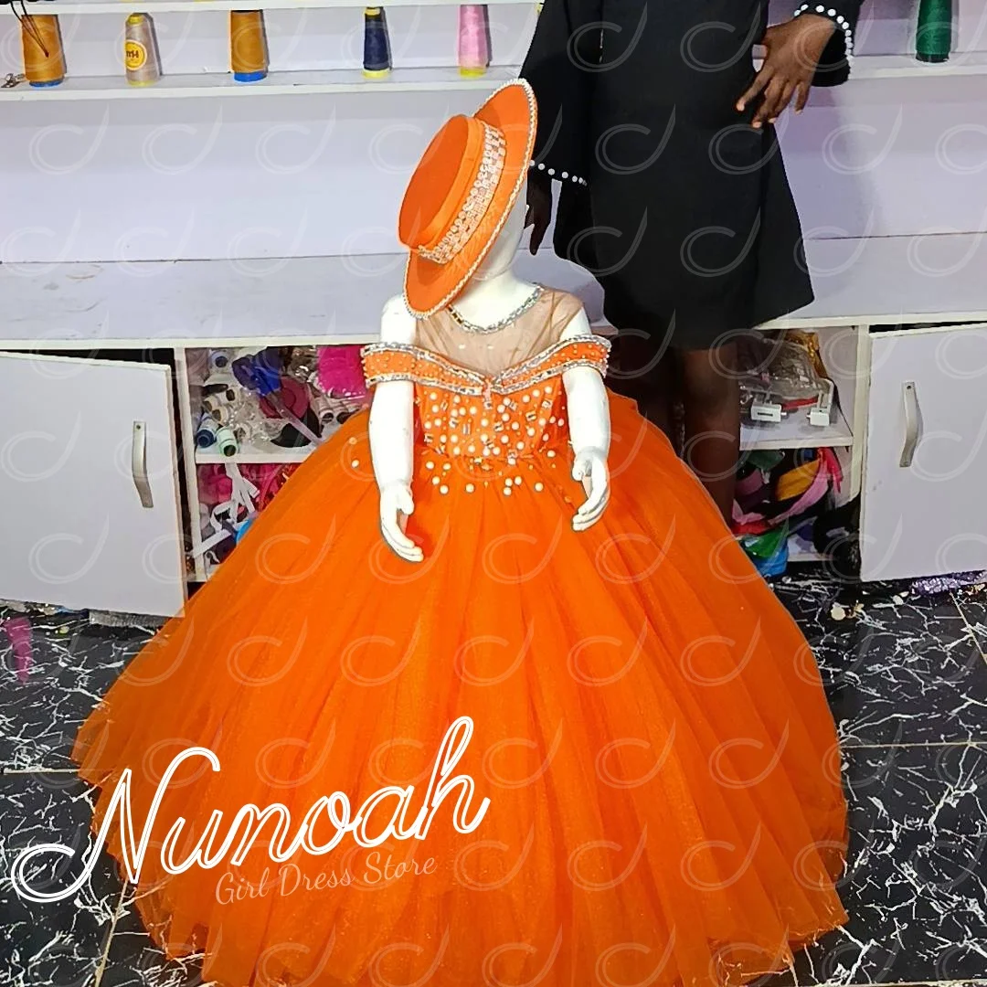 

Orange Flower Girl Dress For Wedding Crystal Girl Birthday Party Off The Shoulder Princess First Holy Communion Gowns Customized