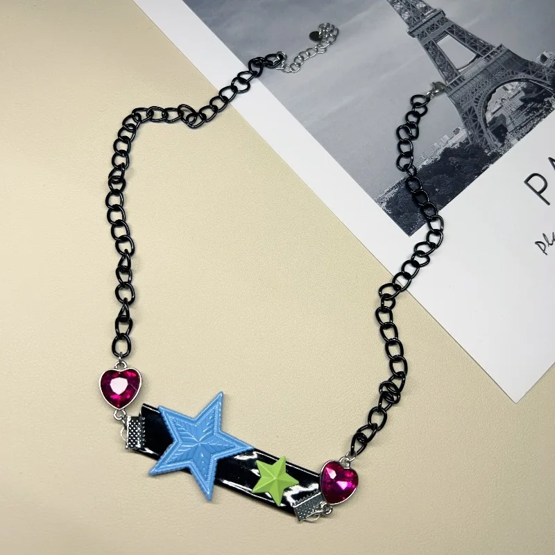 DIY accessories Star splicing leather necklace blue chain versatile niche design sense  Spice Girl style pendant sweater chain