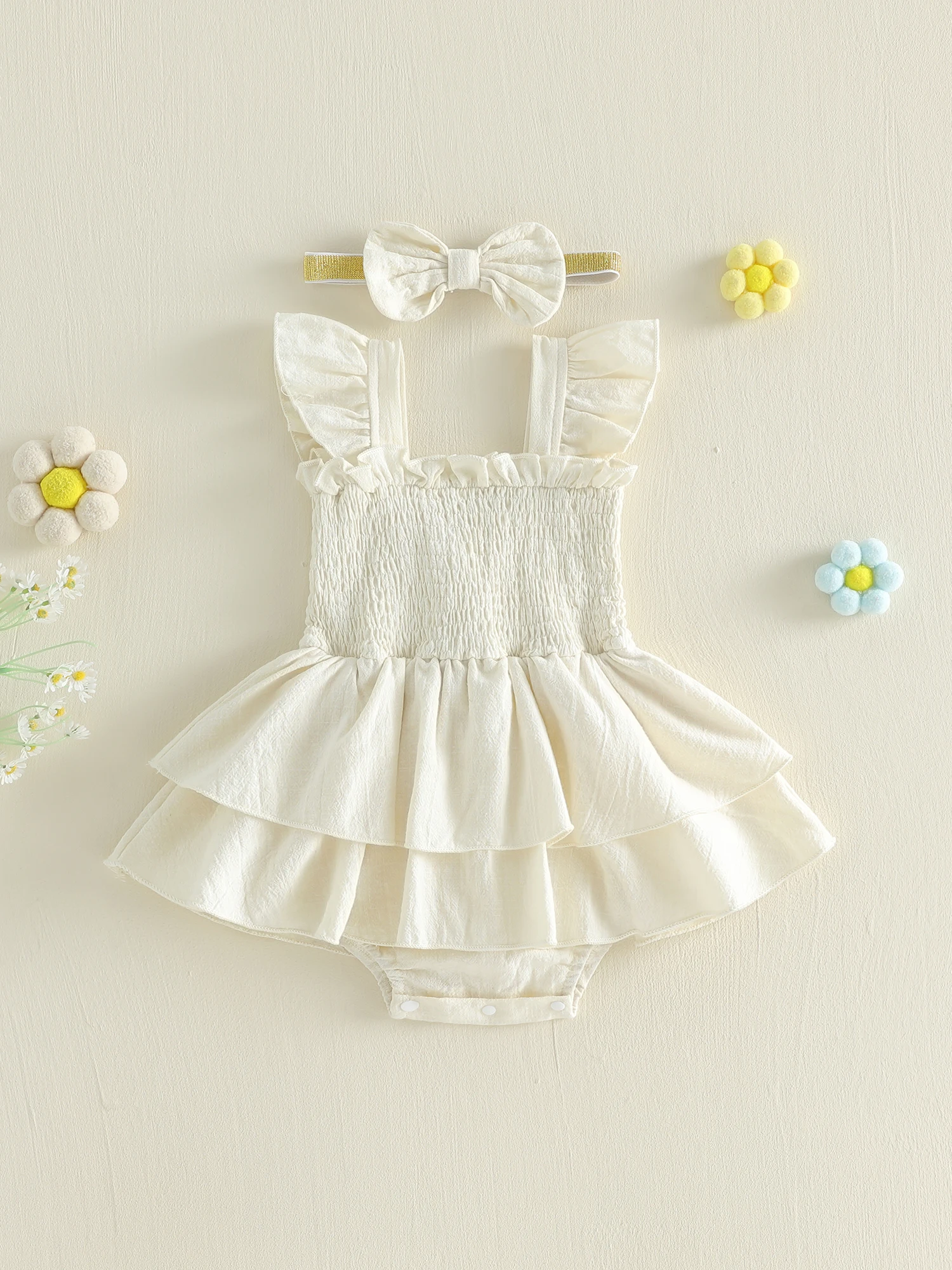 

Очаровательный комплект комбинезонов для маленьких девочек с рукавами-рюшами, подходящей повязкой на голову и бантом — милый летний наряд.