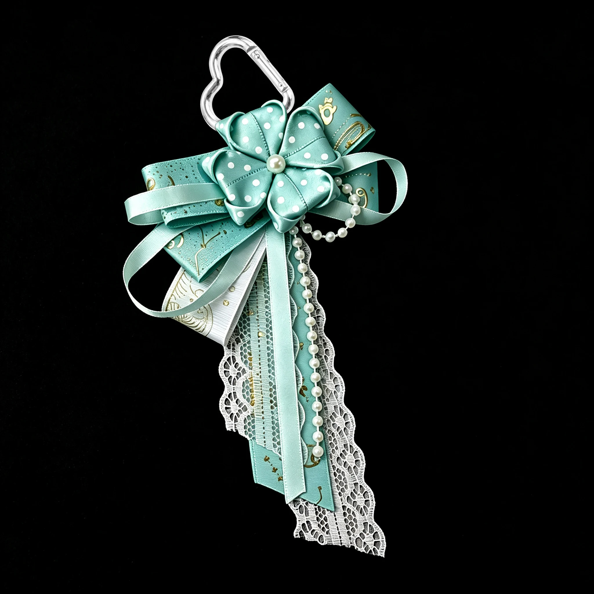 Handmade Satin Lace Bow Bag Charm, Fabric Flower Ornament, Imitation Pearl Tassel, Heart‑shape Carabiner, Embossed Ribbon Lace Detail, Bag Decoration Ornament, Fabric Bow Accessory, Fabric Flower Bag Pendant