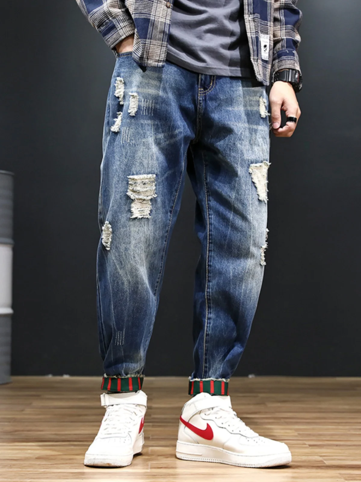 Loose Fit Men's Denim Jeans Super plus Size Cuffed Casual Wear Autumn Season Large Hole Harlan Nine Points Pants