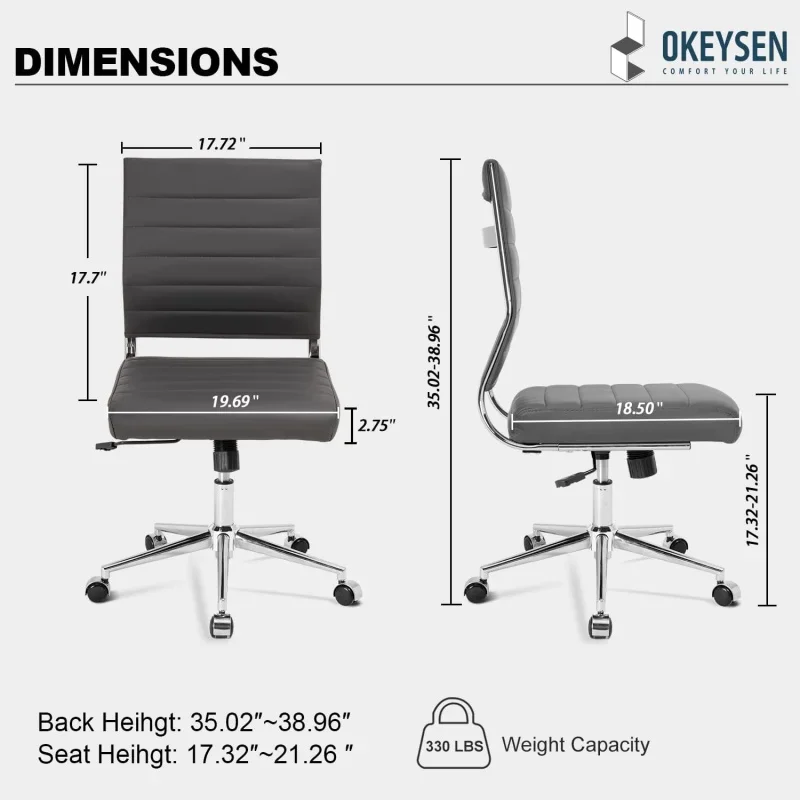 Armless Office Desk Chair, Mid Back Conference Room Chairs Without Armrests, Modern Office Chair Ribbed.