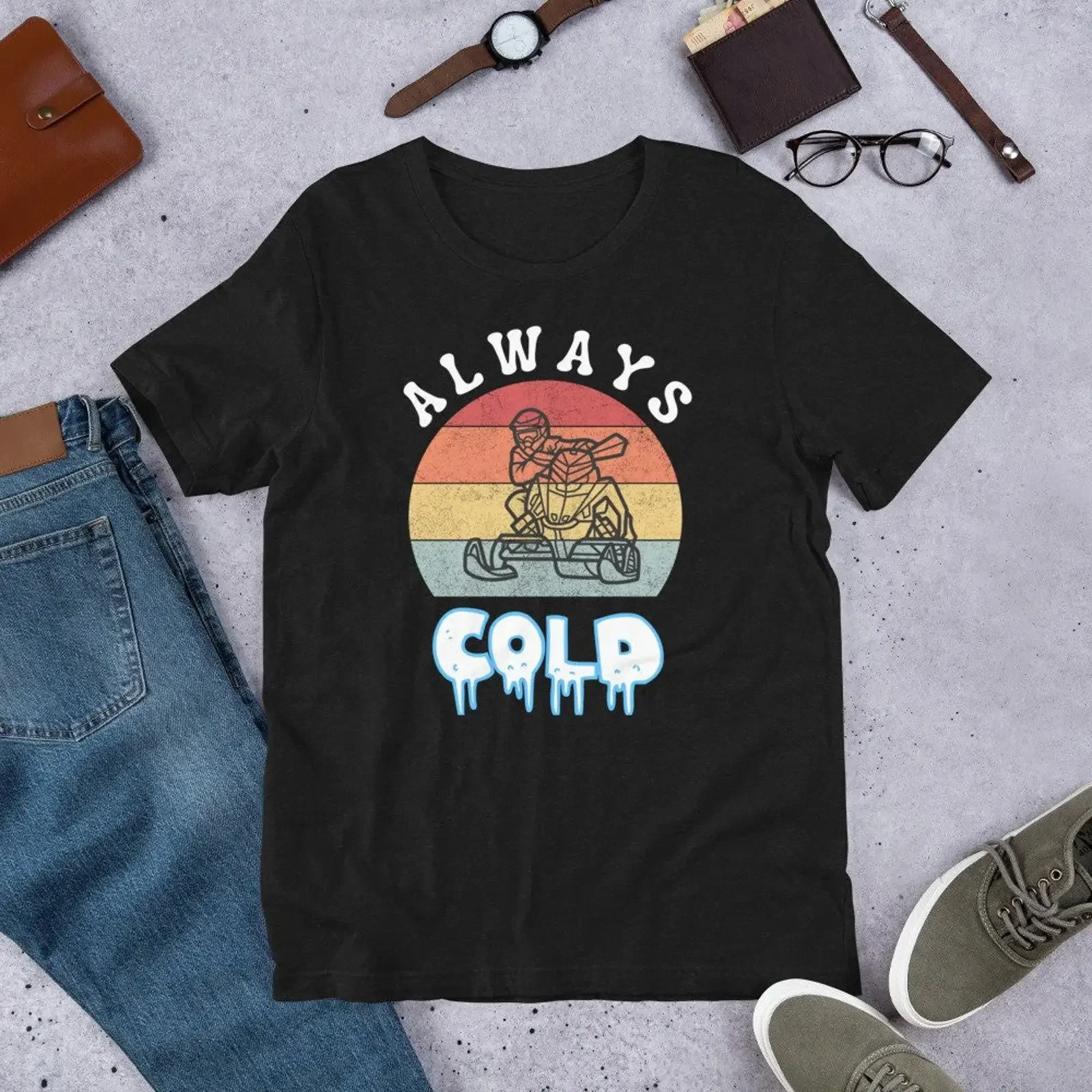 Retro Sunset Always Cold Snowmobile T Shirt Funny Winter Sledding For Snowmobiling Enthusiast Birthday Christmas Present
