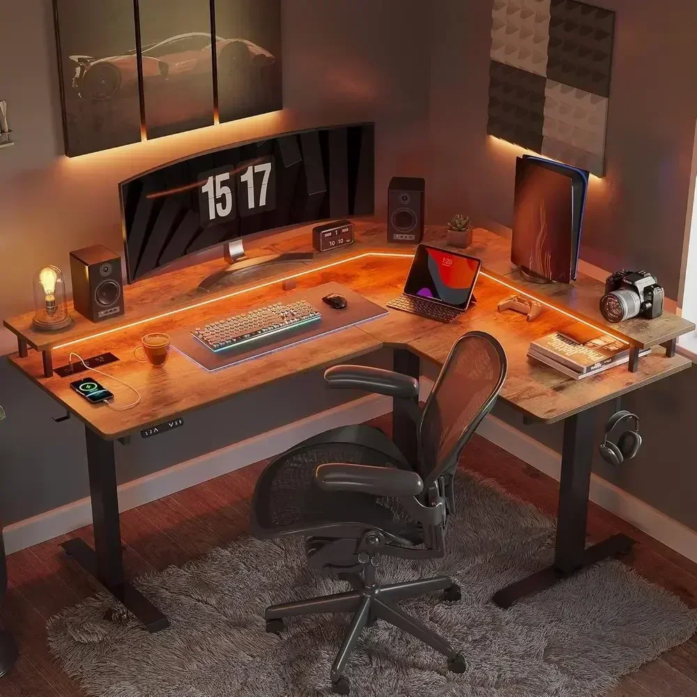63 Triple Motor L-Shaped Adjustable Desk with LED & Outlets, Ergonomic Standing Gaming Desk, Rustic Brown/Black